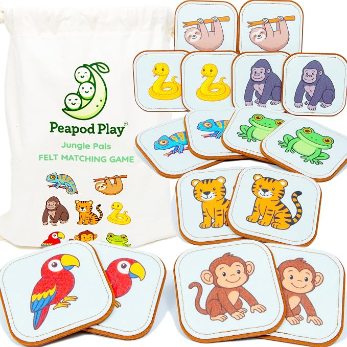 Felt Jungle Matching Game for Toddlers – Wild Animal Memory Game & Flash Cards – Soft and Safe for Ages 1+ – Montessori Preschool Learning Activity – Educational Jungle Toy for Boys & Girls