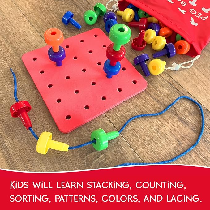 Blu Jay Foam Peg Board Toy - 36 Pegs, Foam Board, Lacing String, Storage Bag - Occupational Therapy Toys - Fine Motor Skills Toys for Toddlers and Kids (Red)