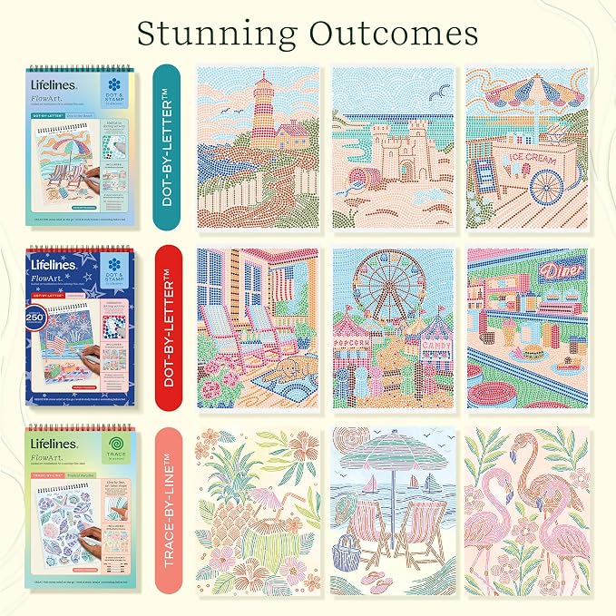 Lifelines FlowArt Activity Pads, 3-Pack, Dot-by-Letter Coloring Books | 12 Double-Sided Markers, 60 Scenes - Guided Dot Art Meditations for Tweens, Adults & Seniors - Patent-Pending