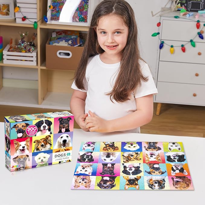 JOYIN 300 pcs Multicolor Dog Puzzles, Jigsaw Puzzle for Kids and Adults(27.6" x 19.7"), Puppy Theme Puzzles for Kids, Collection Gift Home Art Decor, Birthday Gift for Boys Girls 3 4 5 6 7 8