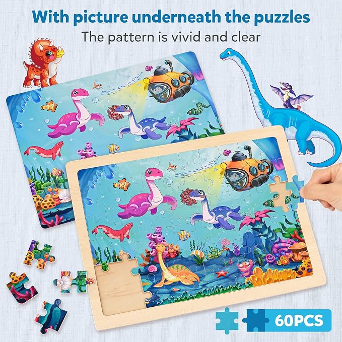 SYNARRY Wooden Dinosaur Puzzles for Kids Ages 4-6, 6 Packs 60 PCs Jigsaw Puzzles Educational Toys Gifts for Children Ages 4-8, Easter Basket Stuffers Gifts Toys for Kids