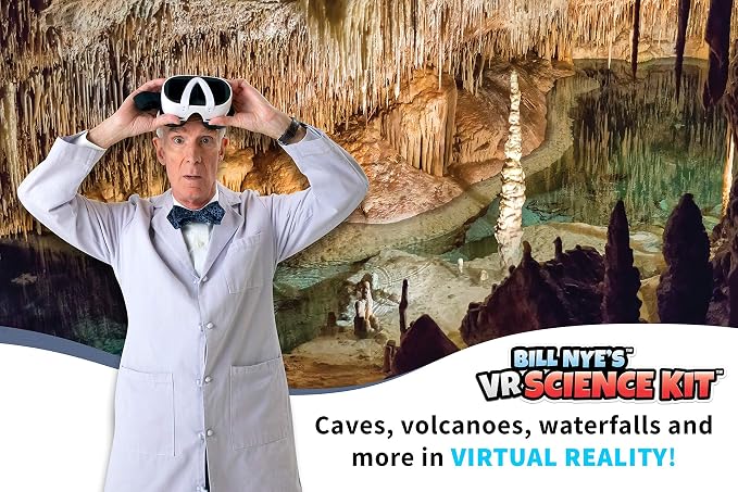 Abacus Brands Bill Nye's VR Science Kit - Kids STEM Set, Gift Ages 8-12 | 30 Hands-on Experiments, 50-Piece Activity Lab, 80-pg Interactive Book, Virtual Reality Goggles Incl., Chemistry & Physics