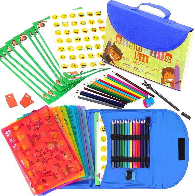 Drawing Stencils Set for Kids (55 Piece) - Arts and Crafts Set for Girls & Boys - Christmas & Birthday Gifts for Kids 4 5 6 7 8 9+ Year Old - Ideal Creativity Kit & Travel Activity with 300+ Shapes