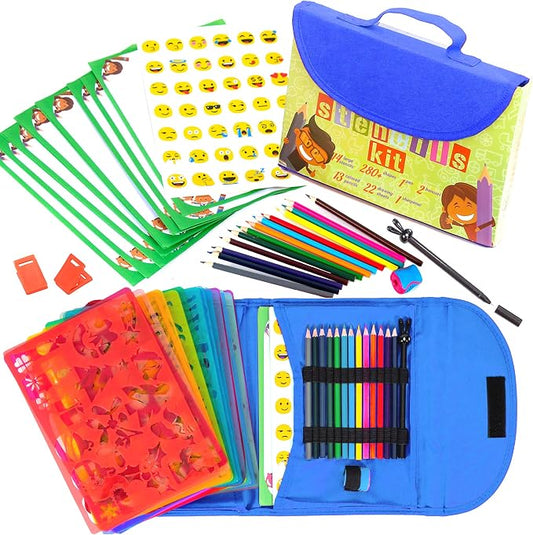 Drawing Stencils Set for Kids (55 Piece) - Arts and Crafts Set for Girls & Boys - Christmas & Birthday Gifts for Kids 4 5 6 7 8 9+ Year Old - Ideal Creativity Kit & Travel Activity with 300+ Shapes