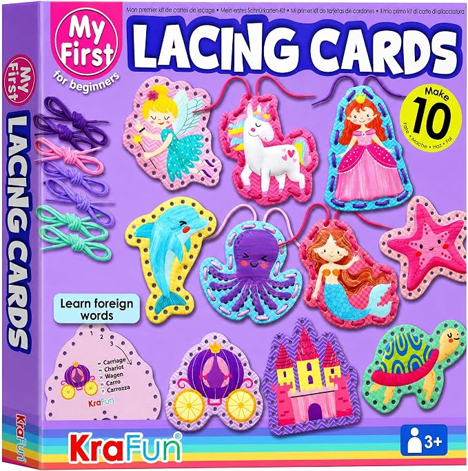 KRAFUN Princess, Unicorn & Mermaid Lacing Cards Age 3+ | 10 Projects | 10 princess, unicorn & mermaid cards. Castle, Fairy, Crown, Seahorse & Starfish. Builds fine motor skills in girls
