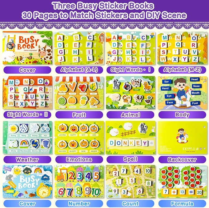 3 Pack Busy Books for Toddlers, Montessori Quiet Book, Preschool Learning Activities Educational Workbook, Sorting Matching Sticker Fixing, Gifts for Kids Age 3+ (Farm, Vehicle, Weather)