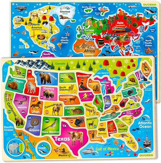 Wooden Puzzles for Kids Ages 4-6 - Toddler Puzzles Ages 3-5 USA & World Map | Montessori Wood Educational Puzzles for Toddlers 2-4 Years Old - Geography Learning Games for Kids 6-8