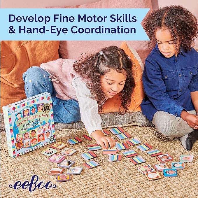 eeBoo I Never Forget a Face Memory & Matching Game, Ages 3+ for 1-4 Players | Game sharpens recognition, concentration & memory skills. Includes 48 tiles, 24 pairs. Engaging play for the whole family