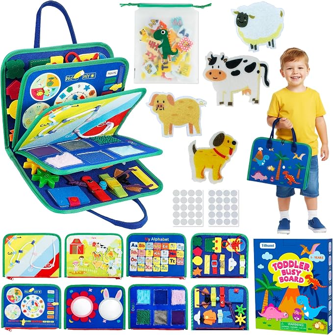 Tilhumt 8 in 1 Busy Book for Toddler 1-3, Montessori Boy Board | With Storage Bag for Travel Quiet Learning Sensory Toys, Felt Busy Book for Baby Educational Gift Activities Fine Motor Skill