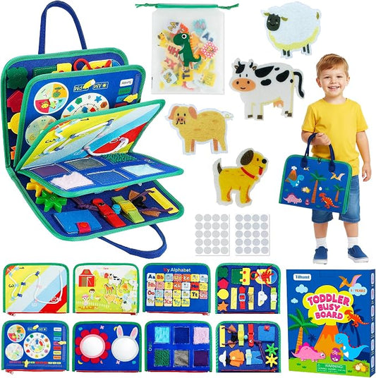 Tilhumt 8 in 1 Busy Book for Toddler 1-3, Montessori Boy Board | With Storage Bag for Travel Quiet Learning Sensory Toys, Felt Busy Book for Baby Educational Gift Activities Fine Motor Skill