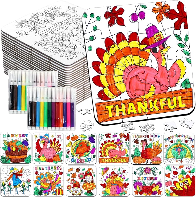 Fall Thanksgiving Crafts for Kids, Autumn Activity Art DIY Kit Blank Puzzle | 24 Set Thanksgiving Jigsaw Pumpkin Turkey for Friendsgiving Party Favors Classroom Gift Coloring Game Toy Supplies Bulk