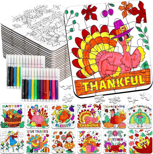 Fall Thanksgiving Crafts for Kids, Autumn Activity Art DIY Kit Blank Puzzle | 24 Set Thanksgiving Jigsaw Pumpkin Turkey for Friendsgiving Party Favors Classroom Gift Coloring Game Toy Supplies Bulk