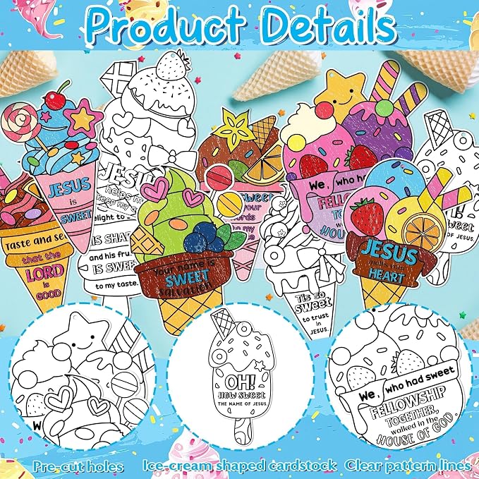 ANGOLIO Ice Cream Coloring Crafts Kits - 83Pcs Summer Ice Cream Coloring Paper Cards Hanging Ornaments Cute Dessert Jesus Religious DIY Art Painting Kit for Holiday Party Supplies Art Activities Decor