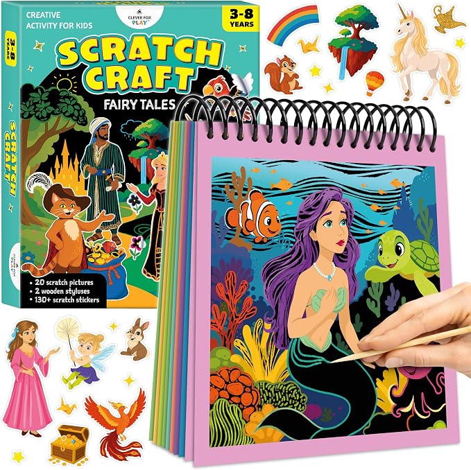 Scratch Craft Art Kit for Kids, Book with 30 Pictures & 130+ Stickers | Ages 3-8, magical fairy-tale art with black scratch-off pads, children DIY supplies, creative gift activity for boys & girls
