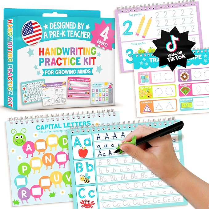 Grooved Writing Books for Kids 3-5, 4 Large Reusable PreK Tracing Workbooks | Preschool Learning Activities, 3D Magic Grooved Writing Practice for Kids, Disappearing Ink Handwriting Book, Magic Copybooks