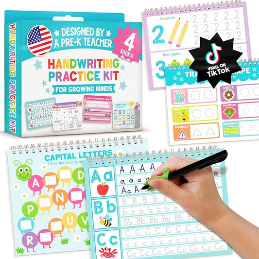 Grooved Writing Books for Kids 3-5, 4 Large Reusable PreK Tracing Workbooks | Preschool Learning Activities, 3D Magic Grooved Writing Practice for Kids, Disappearing Ink Handwriting Book, Magic Copybooks