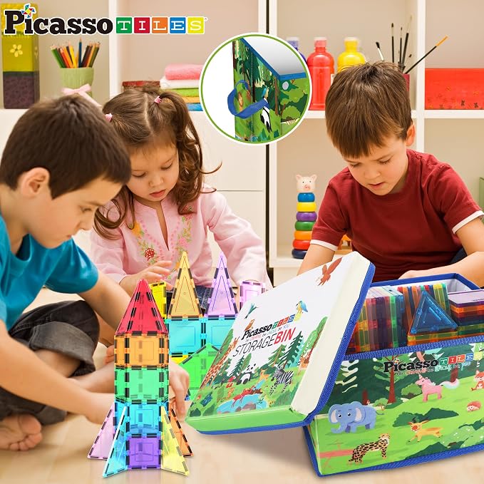 PicassoTiles Foldable Toy Storage Chest Box Forest Animal Theme Magnet Tile Organization Bin with Lid and Handles Magnetic Tiles Playroom Organizer STEM Early Educational Toys Boys Girls Ages 3+ PTA34