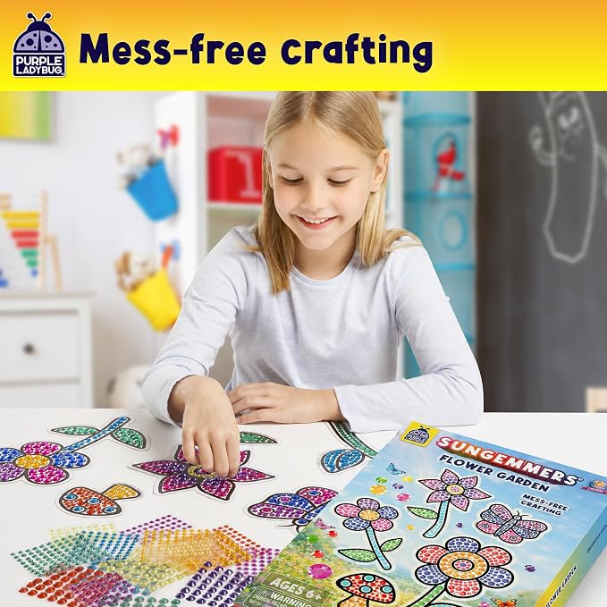 SunGemmers Suncatcher Kit for Kids, Mess-Free Crafts for Kids Ages 4-8 | 5 Designs, Hundreds of Peel & Stick Colorful Gems, Hand-Eye Coordination, Screen-Free Activity, 5 Year Old Girl Birthday Gift