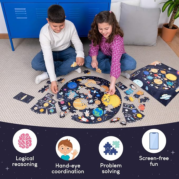BONNYCO Giant Floor Puzzles for Kids Solar System with 70 Large Pieces. Round Space Puzzle with Planets, 23 x 23 in, 15 Cards, 4 3D Figures, Guide. Learning Gifts, Toys for 4 Year Old Boys | With 15 cards and 4 figures. Round Puzzle 58 x 58 cm, Guide I...