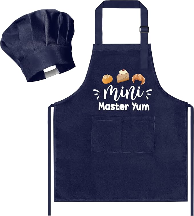 Kid Apron and Chef Hat Set - 2Pcs Dark Blue Mini Master Adjustable Children Kitchen Toddler Apron with Pockets for Kids, Funny Dress up Pretend Play Toy Birthday Gift for Cooking Baking Painting