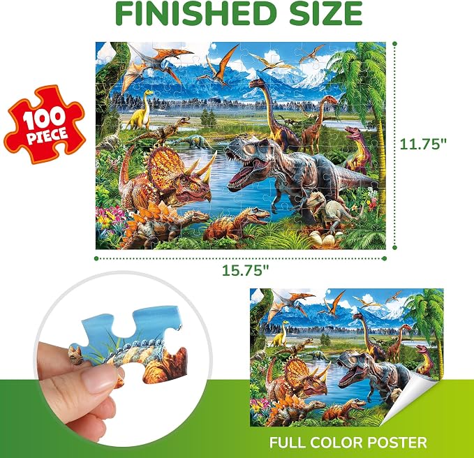 BenBen 100 Pieces Puzzles for Kids Ages 4-6, Dinosaur Learning Puzzles | Dino Puzzles for Kids Ages 6-8, Educational Jigsaw Puzzles for Toddlers 3-5, Screen-free Educational Toy Gifts for Boys Girls