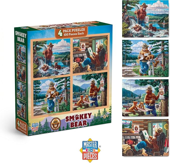 MasterPieces Puzzle Set - 4-Pack 100 Piece Jigsaw Puzzle for Kids - Smokey Bear 4-Pack - 8"x10"