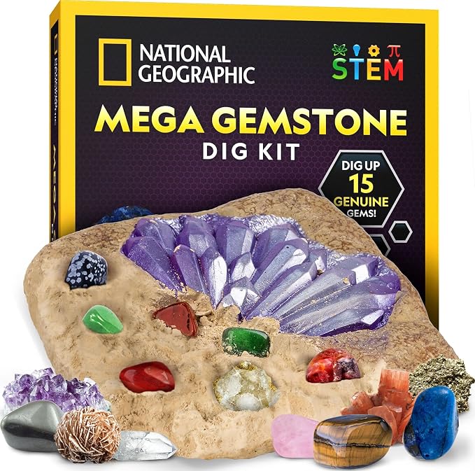 NATIONAL GEOGRAPHIC Mega Gemstone Dig Kit – Dig Up 15 Real Gemstones and Crystals, Science Kit for Kids, Gem Digging Kit, Gift for Girls and Boys, Mining Kit, Rock Collection | Amethyst, Pyrite, Quartz & More, Gem Mining Activity, Excavation Tools, Mag...