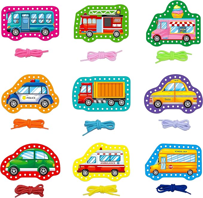 SpriteGru 9 Pieces Kids Lacing Cards, Double Sided Sewing Cards in 9 Vehicle Cards with 9 Colorful Laces, Imagination Development Lacing Toys Games for Children Educational and Learning Activity
