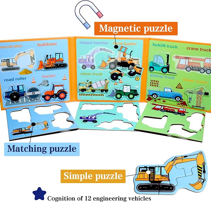 Magnetic Puzzles for Kids Ages 3-5, Travel Toddler Excavator Puzzle Toy | Refrigerator Magnet Game for Ages 4-6, Learning & Birthday Gift for Boys, Car Airplane Road Trip Quiet-Time Activity Toys