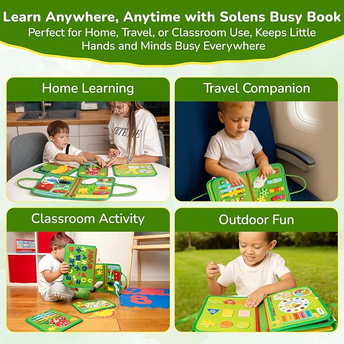 Solens Busy Book for Toddlers, Montessori Busy Board with 25+ Activities on 8 Pages and 3D Assorted Puzzles, Felt Activity Book with Numbers, Colors, Daily Life and Fine Motor Learning, Pink (Green)