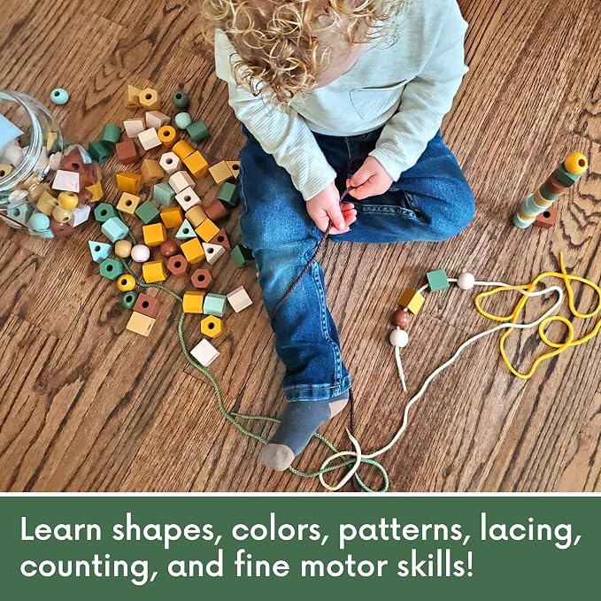 Blu Jay Wooden Lacing Beads & Strings 125 Pieces, Fine Motor Skills Toys for 3 Year Old, Fine Motor Toys, Toy Lacing Beads for Toddlers - Boho Colors