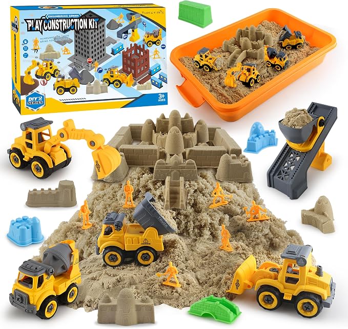 YIDESTARS Sensory Bin with Lid – 4 Take-Apart Trucks & 3lb Sand | Ages 3-6, 8 castle molds, 6 figures, fine motor skills, storage bin, gift for kids, indoor outdoor play