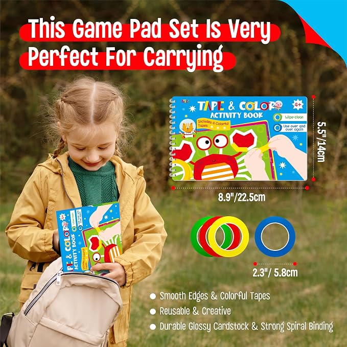 SpriteGru Tape Activity Book, 30 Dry Erase Scenes and 4 Colorful Tapes, Reusable & Erasable Pages and Easy-Tear Tapes, Fun and Creative Game Pad for Road Trip, Travel, At Home