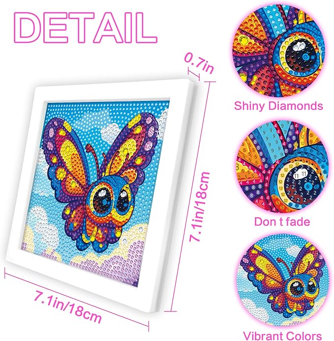 Reofrey Diamond Art Kits for Kids with Frame, 5D DIY Butterfly Diamond Painting Kits, Fun Arts and Crafts Gift for Girls & Boys Ages 4-12, Creative Educational Toy for Beginners (7x7 Inches)