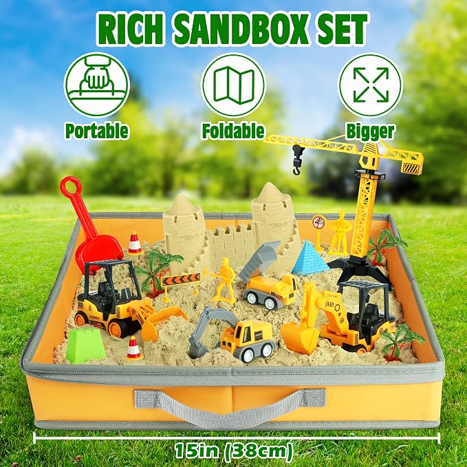 Billeeit Sand Construction Kit w/Sand Box and 2.2lbs Sensory Bin Play Sand | Including 15 In Foldable Sand Box, 8 Truck Toys, Castle Molds and Other Accessories 36Pcs Set, Gifts for Kids 3+