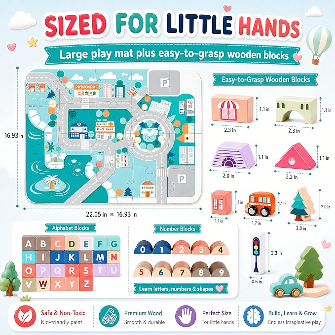 Migargle Wooden Building Blocks Set, 115 Pcs City Construction Stacker Stacking Preschool Learning Educational Toys, Toddler Toys for 3+ Year Old Boy and Girl Gifts