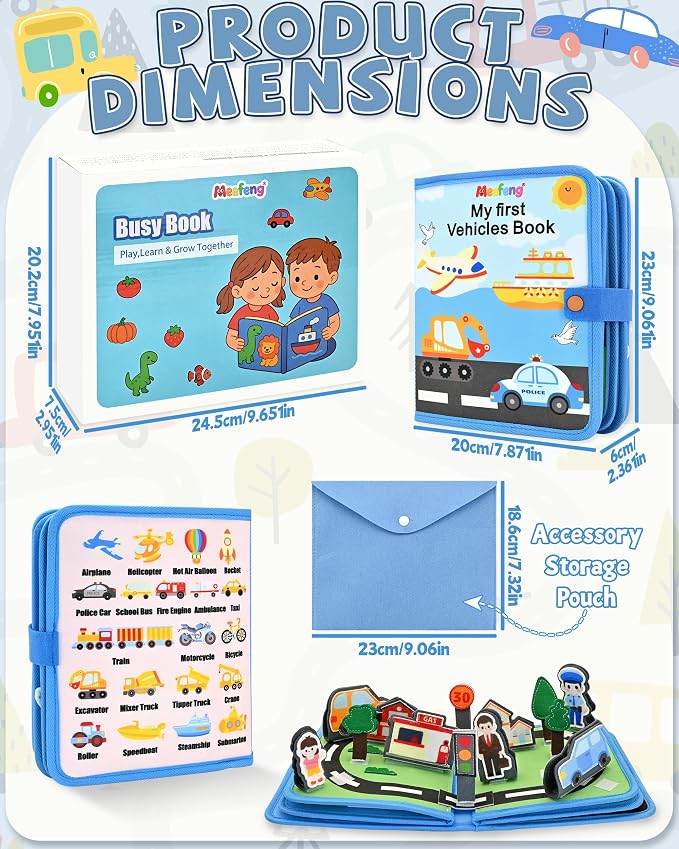 Vehicles Educational Book for Toddlers 1–3, Montessori Quiet Activity & Learning Book with Cars, Trucks & Firefighters, Educational Toy for Early Learning, Travel Toy for Car & Airplane Trips
