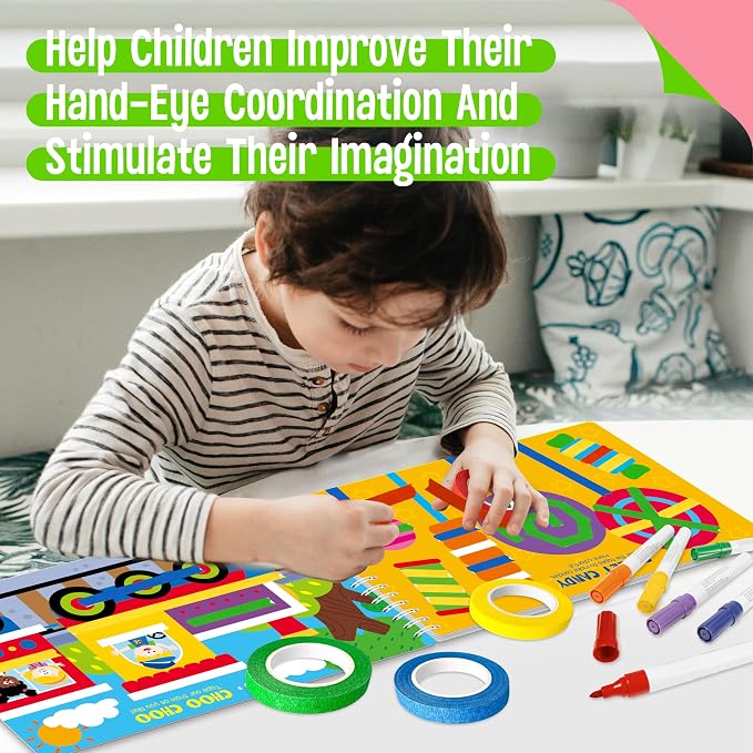 SpriteGru Tape Activity Book, 30 Dry Erase Scenes and 4 Colorful Tapes, Reusable & Erasable Pages and Easy-Tear Tapes, Fun and Creative Game Pad for Road Trip, Travel, At Home