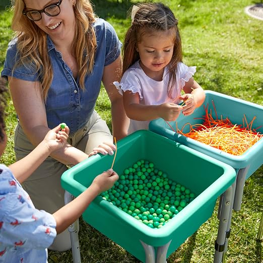 ECR4Kids 2-Station Sand and Water Adjustable Play Table, Sensory Bins, Seafoam/Emerald | Durable plastic/steel, GREENGUARD Gold Certified, 3-5 years, 80 lb capacity, adjustable legs, easy-lift lids, indoor/outdoor
