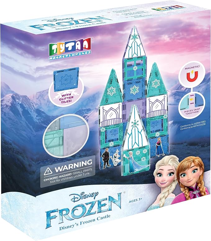 Tytan Toys Disney Frozen Magnetic Tiles Princess Castle - 68-Piece STEAM Building Set with Glitter Tiles & Elsa, Anna, Olaf Stickers - Educational Frozen Toys for Girls Age 3-4+
