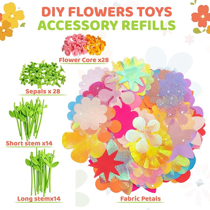 180 Piece Fabric Flower Refill Kit for DIY Bouquets and Flower Maker | Colorful fabric flower parts for DIY bouquets,arts and crafts,creative learning and gift making for girls