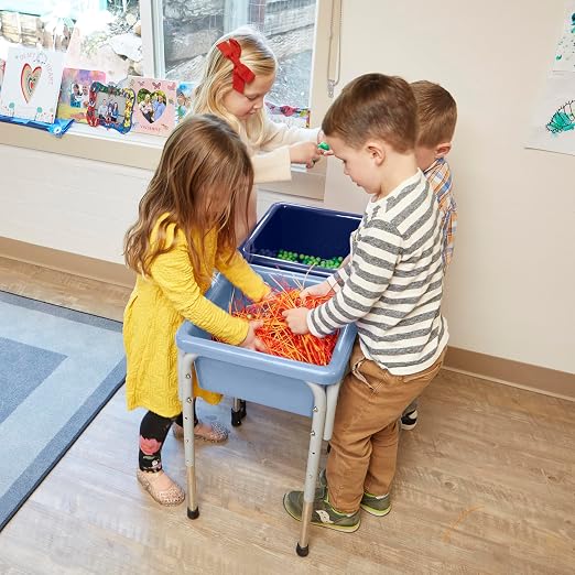 ECR4Kids 2-Station Sand and Water Adjustable Play Table, Sensory Bins, Navy/Powder Blue | Durable plastic/steel, GREENGUARD Gold Certified, 3-5 years, 80 lb capacity, adjustable legs, easy-lift lids, indoor/outdoor