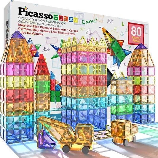 PicassoTiles 80 Piece Magnetic Tiles, STEM Building Set with Car, Ages 3+ | 79 diamond-cut shapes, 1 rolling base, 10 squares, 59 triangles, 10 rectangles, BPA-free, educational learning, creative fun