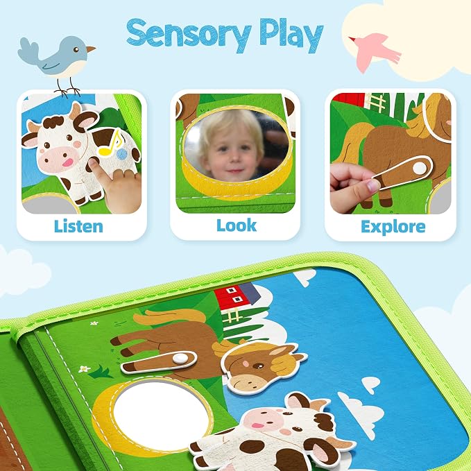 AMOSTING Busy Book for Toddlers Ages 1-3, Farm Quiet Book | Educational Fine Motor Skills Activities with Sensory Play, Busy Board Activities and Farm Learning, Travel Toy for Toddlers