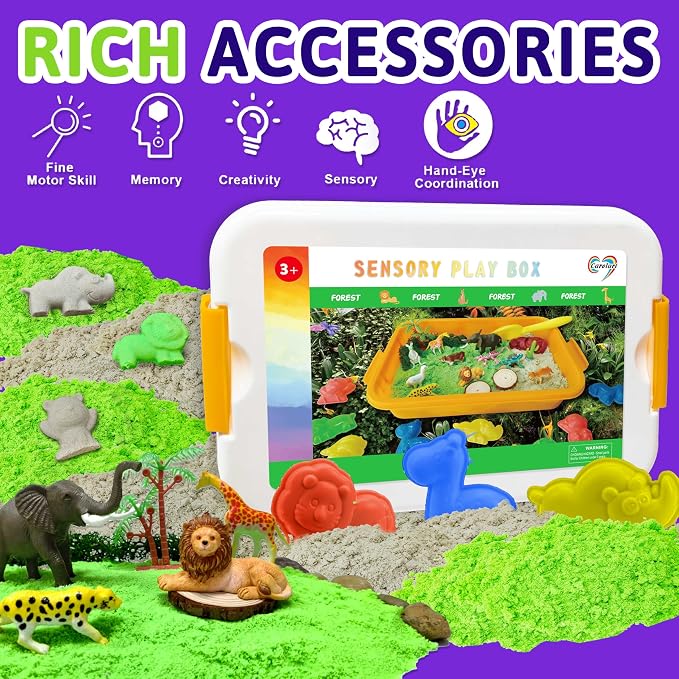 Carolart Jungle Sensory Bin, Animal Sandbox & Sensory Sand Kit | Safari animal habitat play set with wild animal toys, gift for boys and girls ages 3-8, sensory play activity