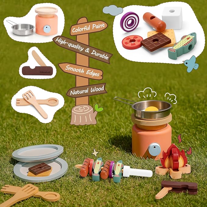 Pillowhale Wooden Campfire Playset – 25-Piece Kids S’Mores & Grill Pretend Camping Kitchen Toy, Glow-Look Fire, Skewers, Pan & Food, STEM Screen-Free Outdoor BBQ Gift for Boys & Girls Age 3+