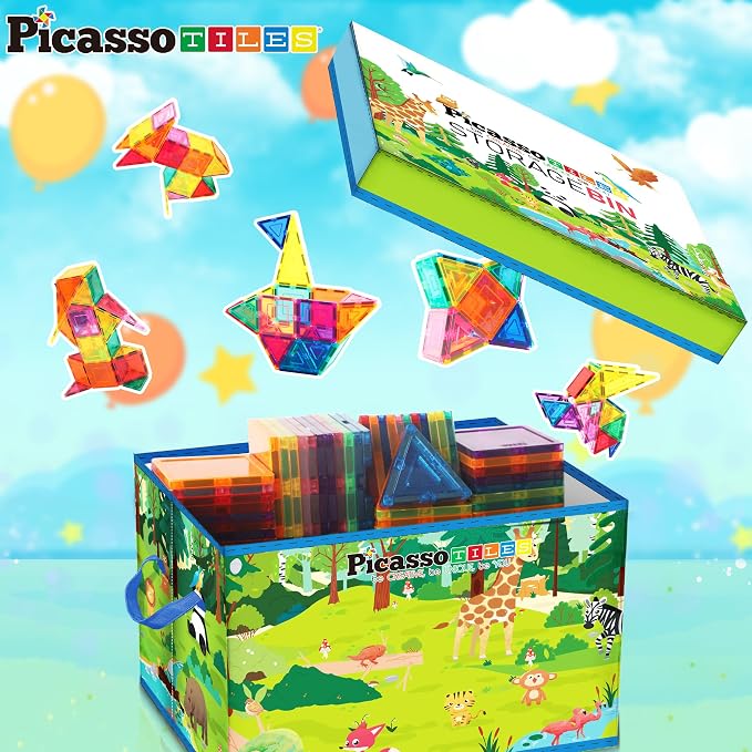 PicassoTiles Foldable Toy Storage Chest Box Forest Animal Theme Magnet Tile Organization Bin with Lid and Handles Magnetic Tiles Playroom Organizer STEM Early Educational Toys Boys Girls Ages 3+ PTA34