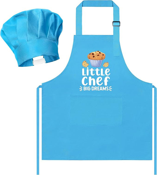 R HORSE Kid Apron and Chef Hat Set - 2Pcs Blue Little Chef Adjustable Children Kitchen Toddler Apron with Pockets for Kids, Funny Dress up Pretend Play Toy Birthday Gift for Cooking Baking Painting