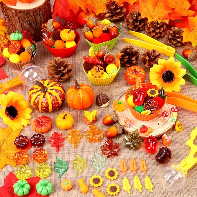 Fall Sensory Bin Fillers-327Pcs Fall Thankgiving Fine Motor Items with Pom Poms Pumpkins Maple Leaves Squirrels Cup for Counting Sorting Training