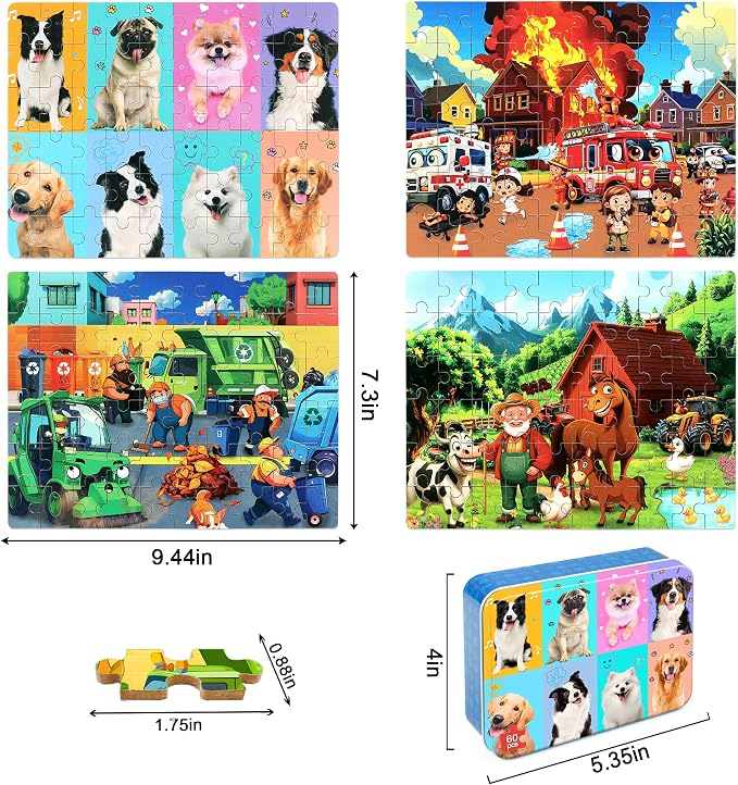 LELEMON Puzzles for Kids Ages 4-6,4-Pack Dogs Fire Fighting Garbage Truck Farm 60 Piece Puzzles for Kids Ages 4-8 in a Metal Box,Educational Jigsaw Puzzles Puzzle Games Puzzle Toys for Girls and Boys